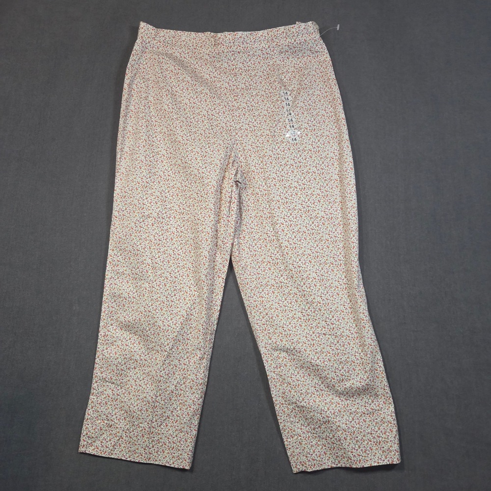 Territories Floral Pants Womens 14 White Pink Orange Rosebud Side Zip Stretch